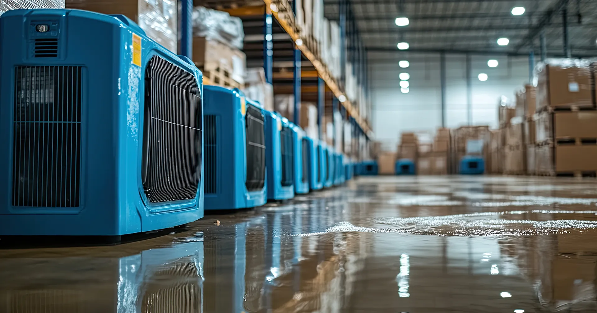 Bedrijfspand met allemaal water op de grond en heaters om het water te verwijderen