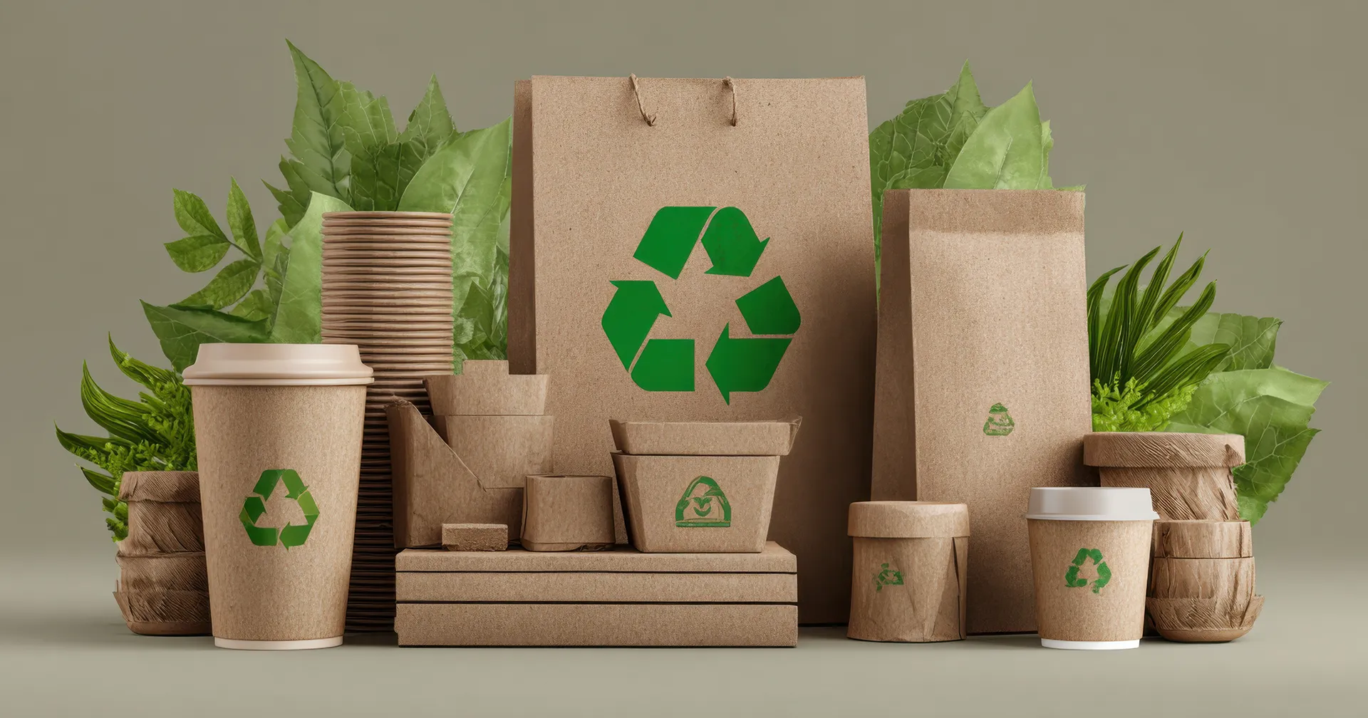 Papieren verpakkingsmateriaal en drinkbekers met een groen keurnerk en groene planten op de achtergrond